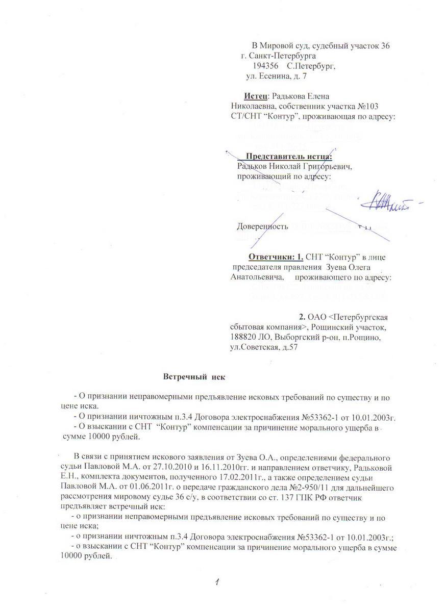 Встречный иск Радьковой Е.Н. к СНТ "Контур" от 26.10.2011 года